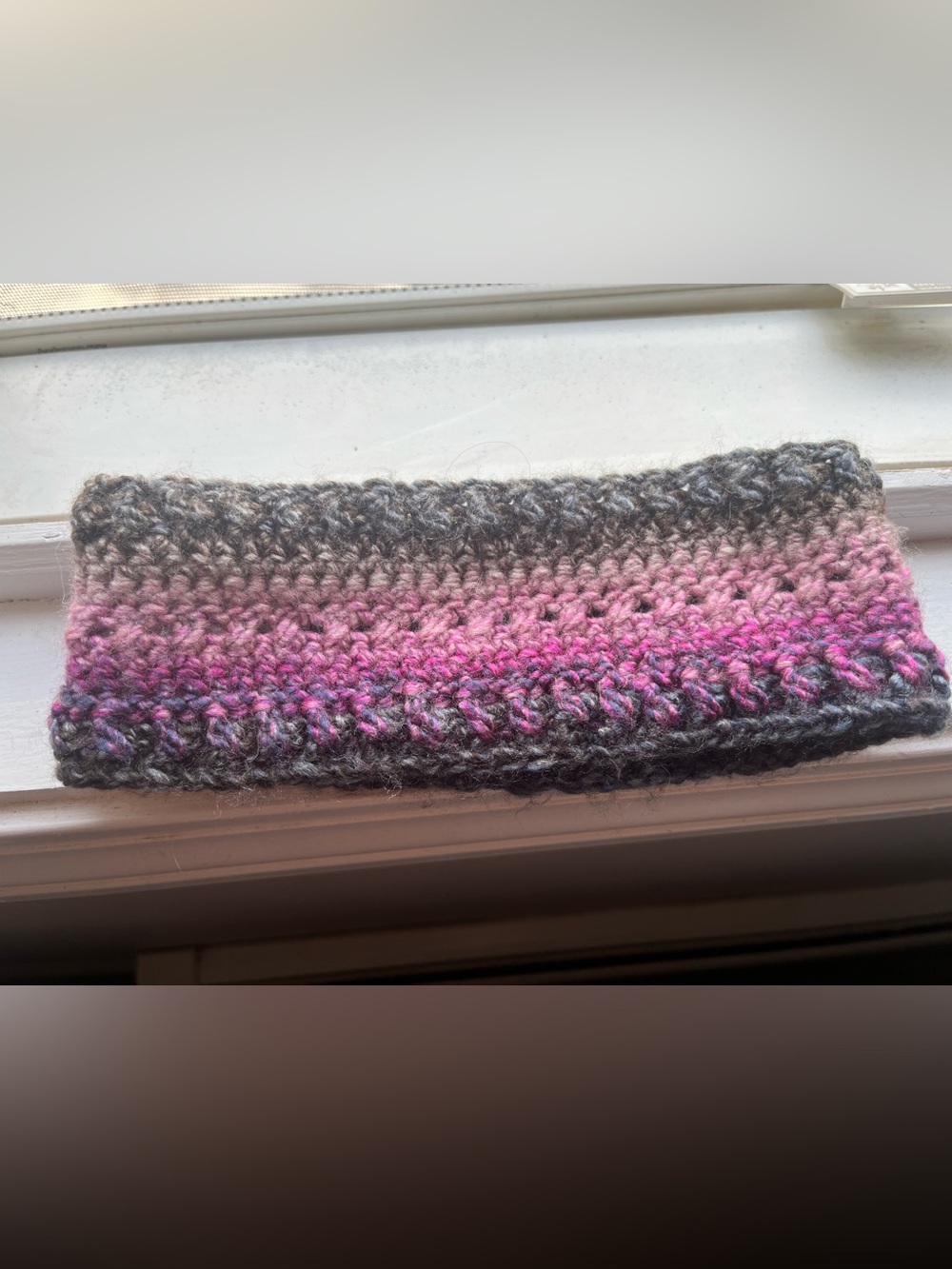 Handmade Crocheted Headband in Gray and Pink Gradient